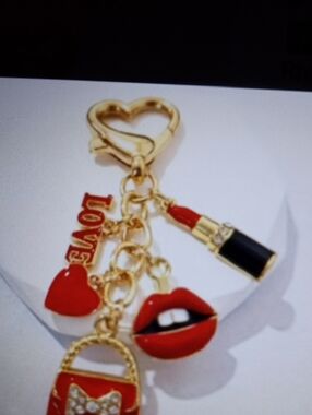 Gold-tone Red Lipstick & Heart Charm Keychain